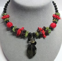 Red Coral Black Onyx Green Prehenite Garnet Quartz Southwest Pendant Necklace - $39.60