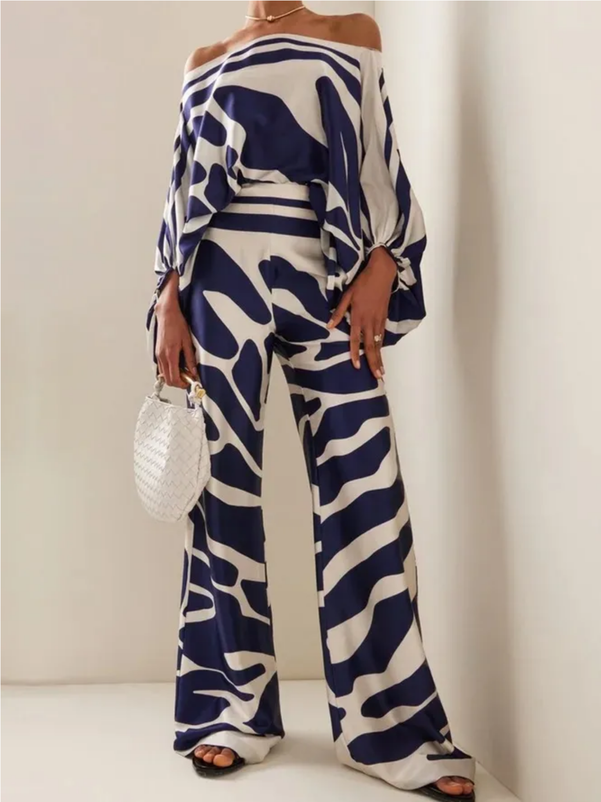 Print Satin Lantern Sleeve Off Shoulder  Casual Wide Leg Pants Outfit - $35.95