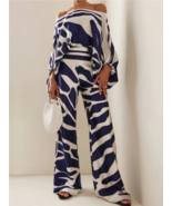 Print Satin Lantern Sleeve Off Shoulder  Casual Wide Leg Pants Outfit - £28.12 GBP