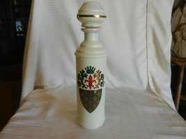 White Glass Liquor Bottle &amp; Stopper Medieval Coat of Arms Fleur de Lis, Empty - $47.50