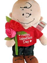 Jumbo Charlie Brown Happy Valentine&#39;s Day w Red Rose Stuffed Plush Dan Dee Porch - £33.81 GBP