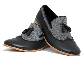 Handmade Men&#39;s Genuine Black Leather &amp; Fabric Oxford Brogue Slip On Formal Shoes - £115.09 GBP