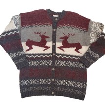 Vintage 90s Oversized Reindeer Christmas Cardigan Sweater Gray Chunky Sz... - $48.20