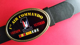 Vietnam Veteran 1st AIR COMMANDO Epoxy Belt Buckle &amp; Black Bonded Leather Belt - £17.94 GBP