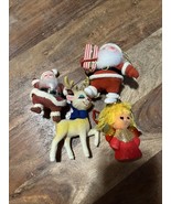 4 Vintage Christmas Ornaments Flocked Felt 2 Santa, Angel, Reindeer - $18.69