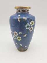 Vintage Chinese Cloisonne Vase Floral Brass Blue Enamel Multicolor Blue 5.25&quot;  - £15.27 GBP