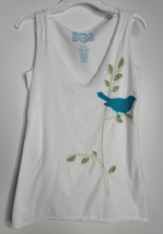 Old Navy White Shirt Blue Bird Green Embroidery Top Women S Small Tiny Fit Tank - £8.01 GBP