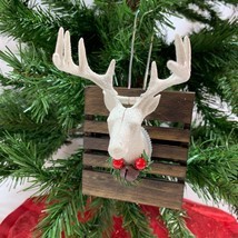 Reindeer Christmas Ornament Antlers Wood White Deer Buck Handmade Rustic - £8.54 GBP