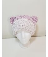 Handmade Crochet Velvet Cat Ear Beanie Hat Pink &amp; White Two-Tone - $273.78 MXN