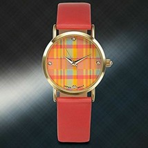 NEW Rousseau 9913 Womens Medley Coral Plaid Print Diamond Dial Coral Strap Watch - £17.33 GBP