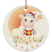 Cute Baby Red Cow On Moon Ornament Flower Christmas Gift Decor For Animal Lover - £11.70 GBP
