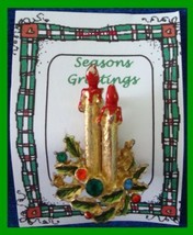 Christmas PIN #0253 Double Candle &amp; Green Holly w/Rhinestones Goldtone H... - $183.47 MXN
