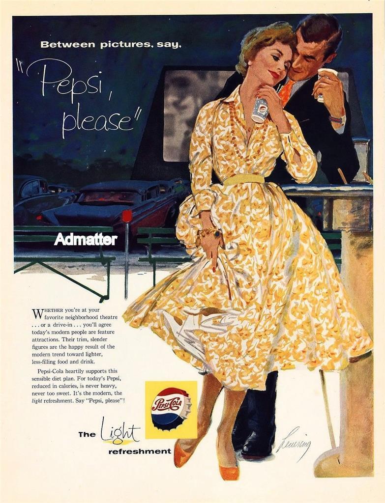1958 PEPSI COLA PRINT AD BOB LEVERING SODA DRINK ART LOVE AT THE DRIVE IN MOVIE - $6.64