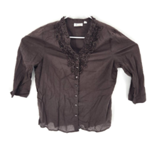 D &amp; Co Womens Blouse Brown 3/4 Sleeve Button Cuff Notch Neck Ruffle Front L - £11.86 GBP