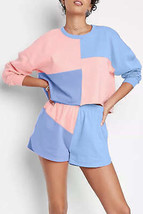 Sky Blue Colorblock Patchwork Long Sleeve Shorts Outfit - $36.99