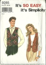 Simplicity Sewing Pattern 9285 Unisex Mens Misses Womens Vest Size XS - L Used - $6.98
