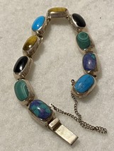 Vintage Taxco Mexico 925 Sterling Silver Ten Gemstone Bracelet Safety Chain - £119.88 GBP
