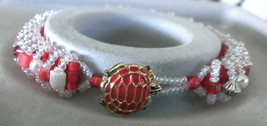 Womens Red Beaded Bracelet Handmade 7 1/2&quot; Turtle Button Clear Seed Bead... - £11.05 GBP