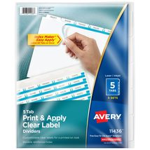 Avery 5 Tab Dividers for 3 Ring Binder, Easy Print &amp; Apply Clear Label S... - £11.79 GBP