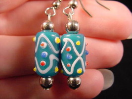 (EE-504-44) TEAL with white swirls DOT glass dangle earrings lampwork SPOTTED - £9.73 GBP