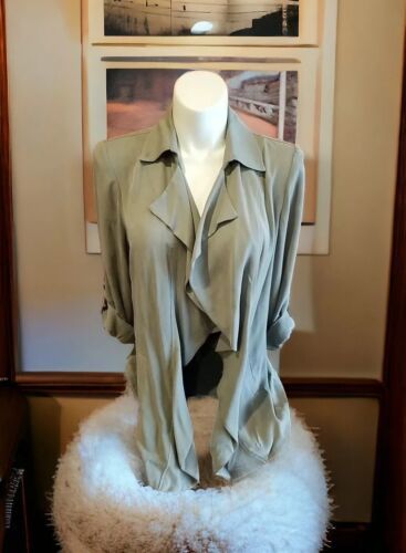 Chicos Women&#39;s Size 2~ L 12/14 Jacket Olive Green Khaki Cascade Open Front - $25.73