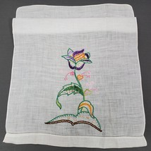 Vintage Tea Towel Hand Embroidery 13x18 Inch White Pink Purple Brown - $11.30