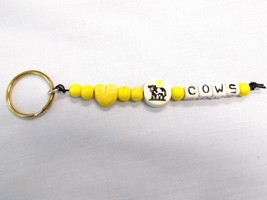 CERAMIC BEADED YELLOW HEART &amp; COW IN THE SUN DISC w COWS TEXT KEY CHAIN ... - $9.75 CAD