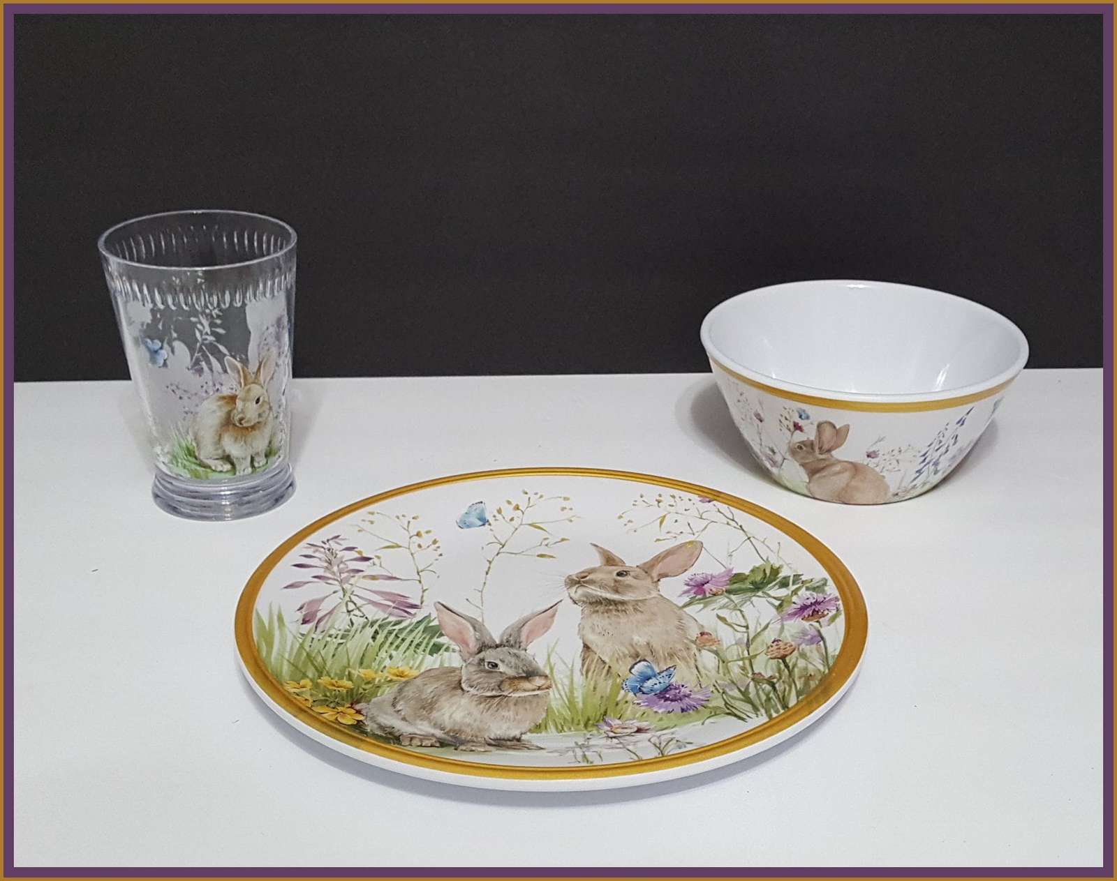 Primary image for NEW Williams Sonoma Floral Meadow Bunnies Kids 3-Piece Melamine Dinner Set