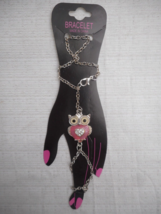 Women Pink Owl Enamel Rhinestone Slave Bracelet Chain Link Finger Ring READ - £6.40 GBP