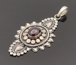 925 Sterling Silver - Vintage Cabochon Garnet Dotted Sunflower Pendant - PT22013 - $53.84