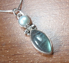 Cultured Pearl and Labradorite Marquise 925 Sterling Silver Necklace - £13.44 GBP