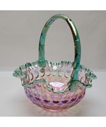 Vtg Fenton Basket Iridescent Rose Magnolia Sea Green Ruffled Signed Bill... - $71.25