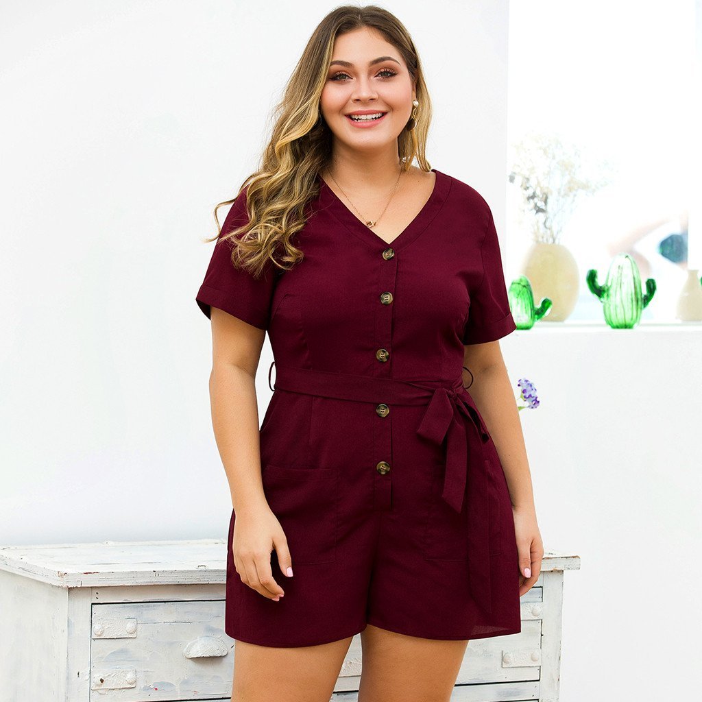 Plus Size V-neck Short Sleeve Belt Short Overalls Jumpsuit - $28.95