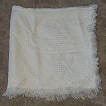 VTG Solid White Baby Blanket Acrylic Fringe Knit 34x34 Textured Woven - £23.19 GBP
