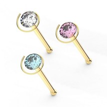 Round Simulated CZ 9K Solid Yellow Gold Coil Straight Nose Stud Ball End 22G - £56.88 GBP
