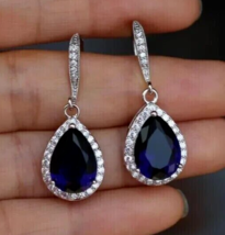 14K White Gold Plated 3Ct Pear Cut Lab Created Blue Sapphire Drop/Dangle Earring - £92.45 GBP