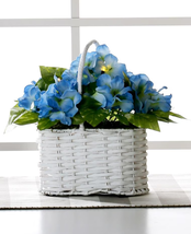 NEW Lighted Floral LED Wicker Basket blue faux flowers battery power 12.5x10.5x8 - £11.21 GBP