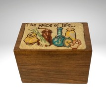Herbs Spices Needlepoint Recipe Card Box Wood Handmade Granny Folk Rustic VTG - £19.35 GBP
