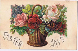 Easter Postcard Embossed Roses Flower Basket Glitter Easter Joys - £1.72 GBP