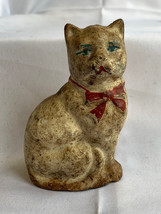 Vtg Painted Cast Iron Still Coin Bank White Cat w/ Red Bow Piggy Bank Kitty - $29.65