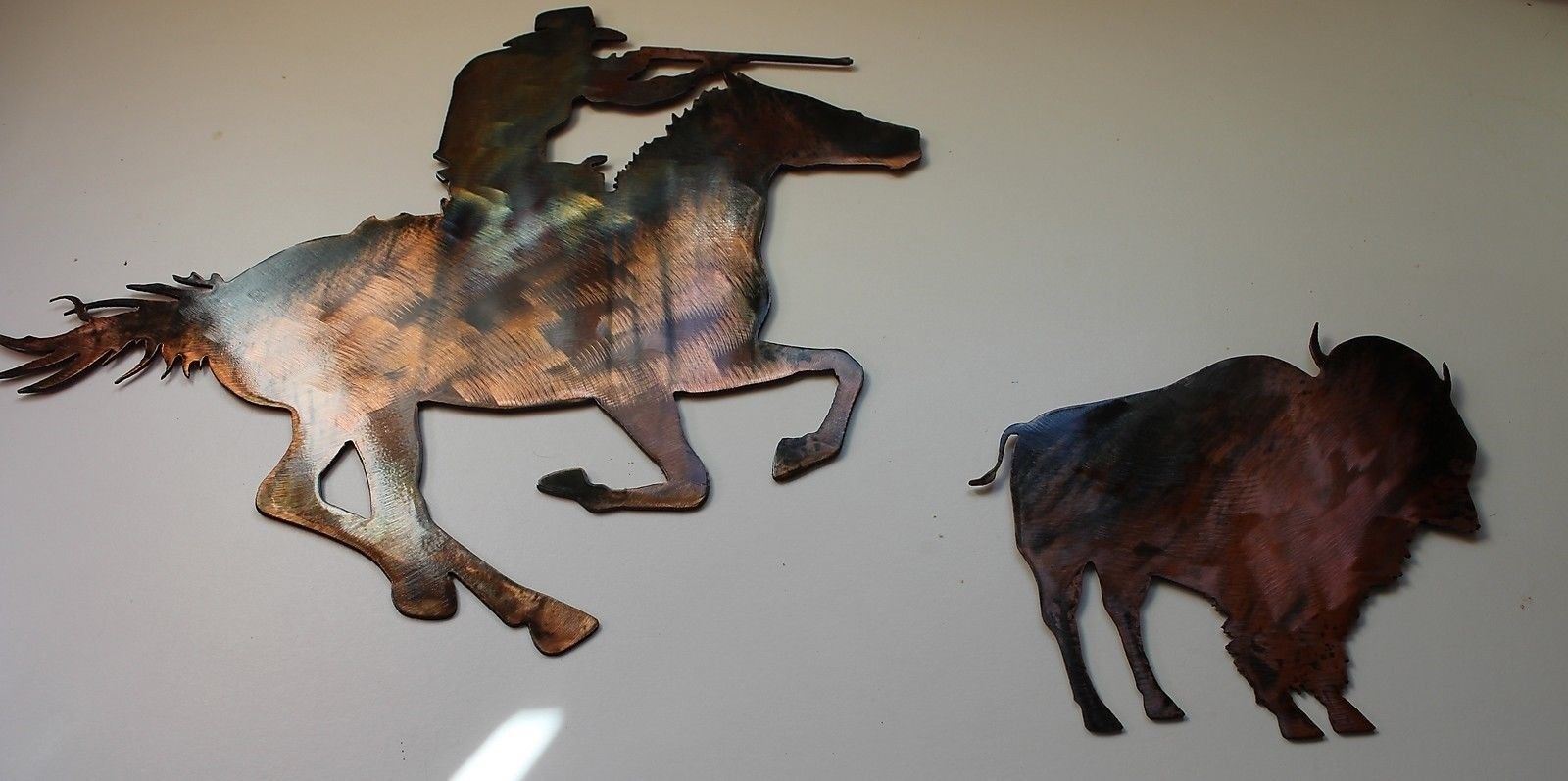 Buffalo Hunting Cowboy Set Metal Wall Art copper/bronze plated - size varies - £38.18 GBP