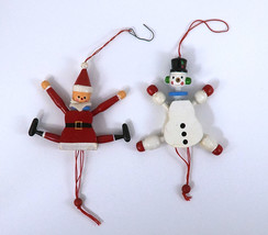 2 Christmas Ornaments Santa &amp; Snowman Wooden Pullstring - Vintage - £9.82 GBP