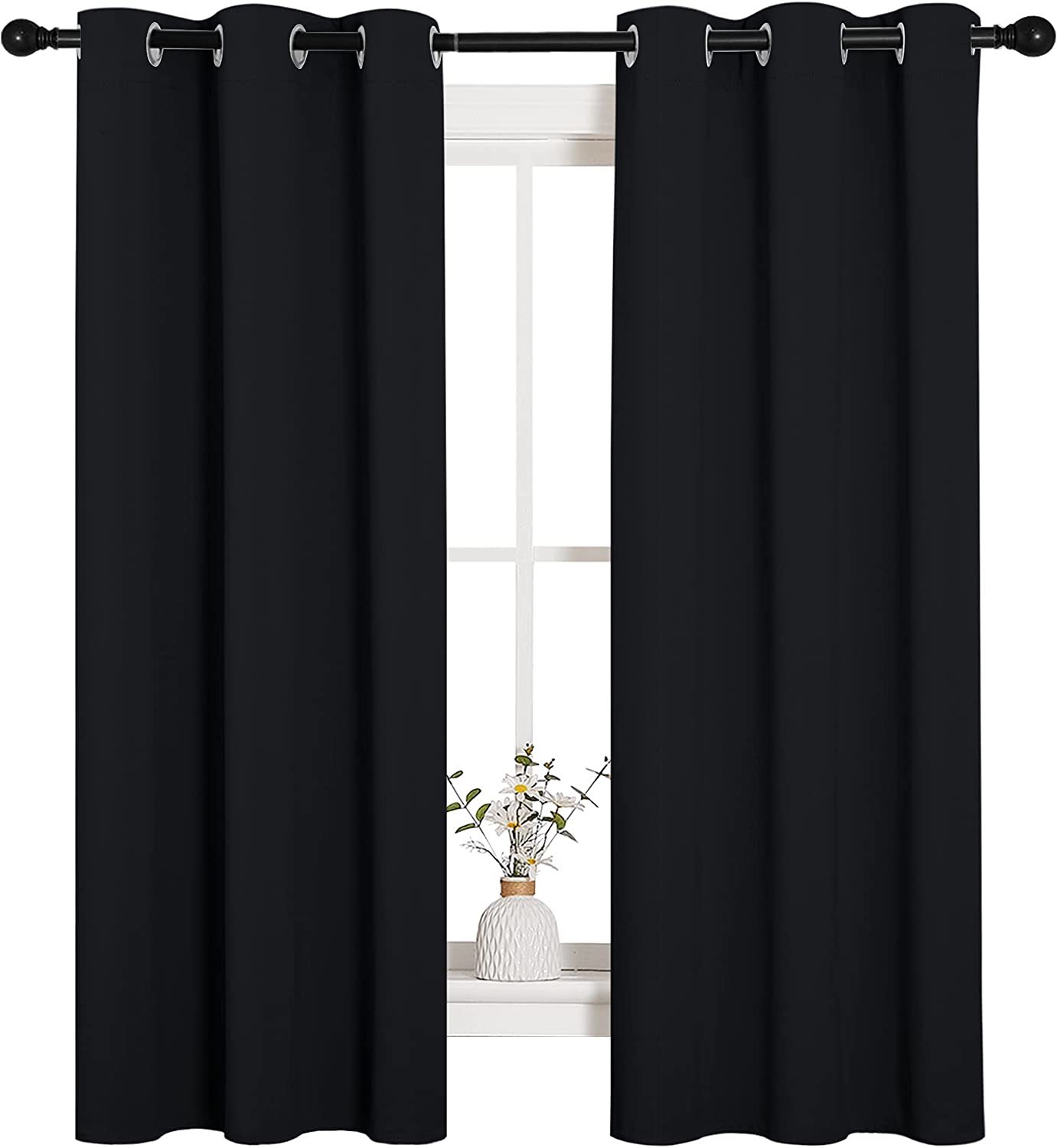 Black Solid Thermal Insulated Grommet Blackout Drapery Panels For