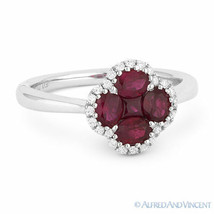 1.09 ct Red Ruby Cluster &amp; Diamond Pave Right-Hand Flower Ring in 18k White Gold - £1,454.92 GBP
