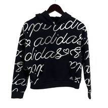 adidas Girls Script Fleece Hoodie Pullover Black Silver Size Large 14 New - $27.98