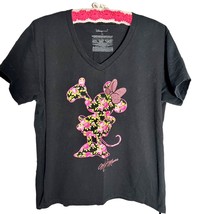 Disney Minnie Mouse Floral Applique Black V- Neck T-Shirt - £11.83 GBP
