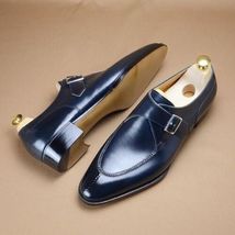 New Handmade Men&#39;s Navy Blue Leather Single Buckle Monk Strap Formal Dress Shoes - £104.49 GBP