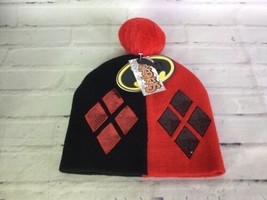 DC Batman Harley Quinn Sequin Knit Pom Cuff Beanie Hat Cap Black Red Color Block - £18.94 GBP