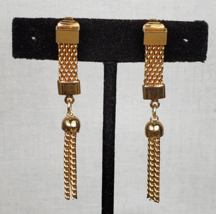 Vintage 1950's Judy Lee Gold Tone Mesh Tassel Dangle Clip on Earrings - $46.31