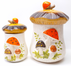 Set B/ Vtg Merry Mushroom Canister Cookie Jar Sears Roebuck 1978 11&quot; &amp; 8” - £50.73 GBP